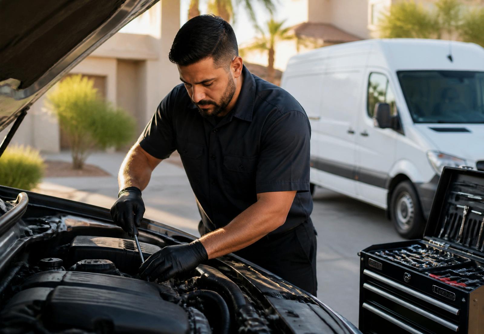 Trusted Las Vegas mobile mechanic servicing a vehicle at a residential driveway